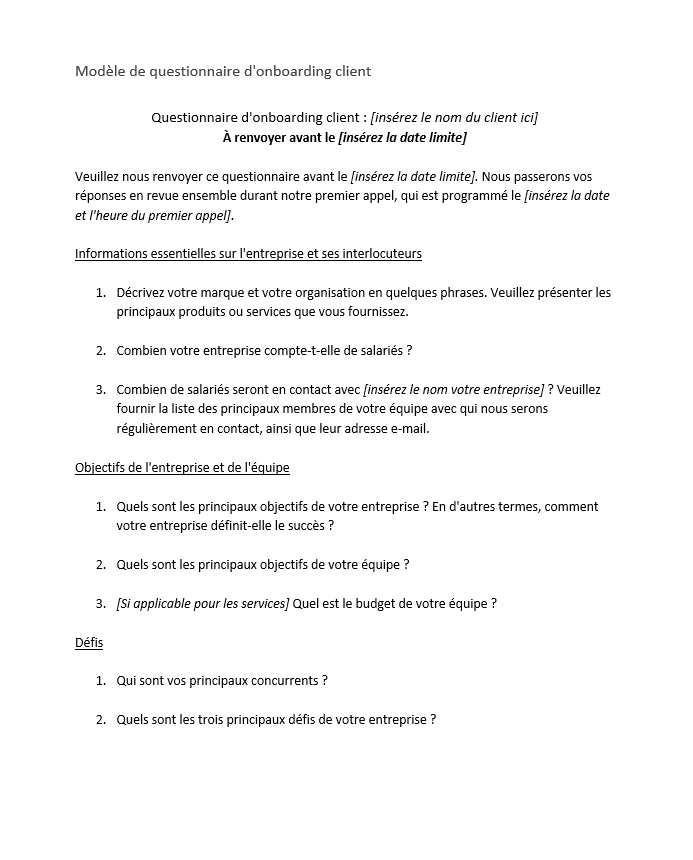Questionnaire onboarding