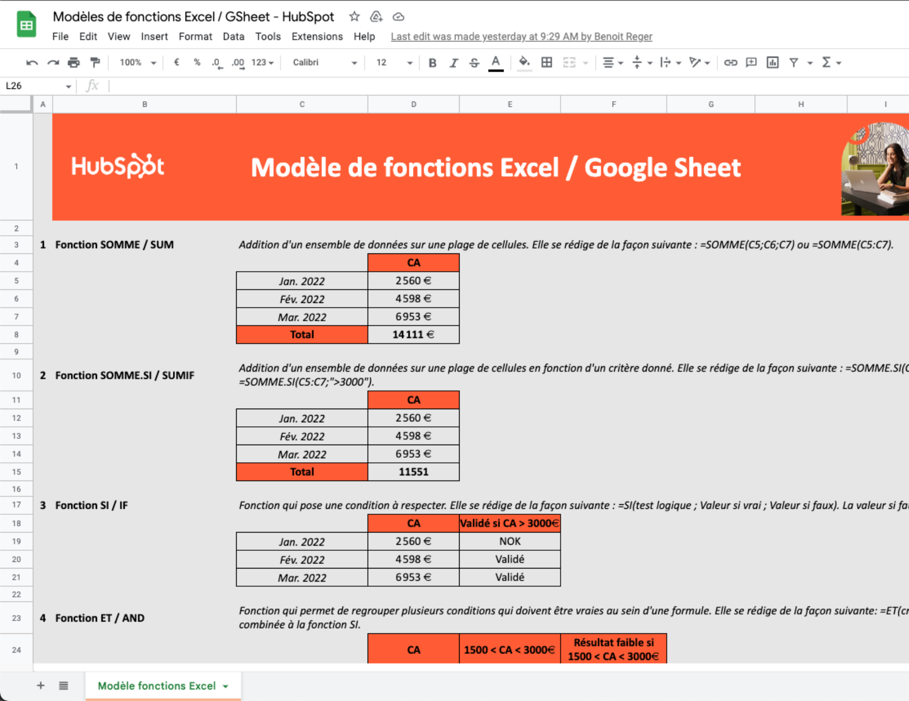 Modèle de fonctions Excel / Google Sheets